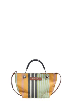 Striped handbag featuring yellow, green, pink, and brown colors. Made of fabric with metal hardware and a brown leather logo tag.