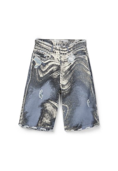 Short en jean taille haute, délavage abstrait noir et blanc, déchirures usées à l'avant, ourlet effiloché et style classique à cinq poches.