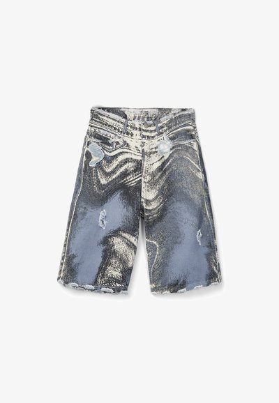 Short en jean taille haute, délavage abstrait noir et blanc, déchirures usées à l'avant, ourlet effiloché et style classique à cinq poches.