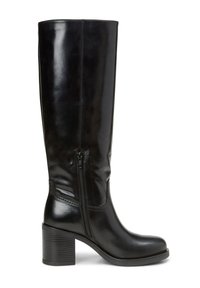 Schwarze kniehohe Stiefel aus glänzendem Leder, mit seitlichem Reißverschluss, Blockabsatz und glatter Textur mit dezenten Steppdetails.
