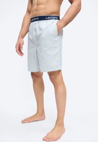 Modèle masculin portant un short rayé bleu clair et jaune avec une ceinture marine étiquetée "Lacoste", debout pieds nus, une main dans la poche.