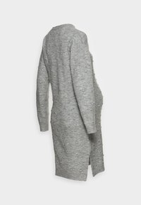 Gray knitted cardigan featuring a textured pattern with raised dots, long sleeves, and a side split. Soft material with a relaxed fit.