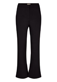 Mustat levenevät housut pehmeästä kankaasta, joissa on keskikorkea vyötärö ja sileä pinta, jossa on minimaalinen ompelu yksityiskohtia.