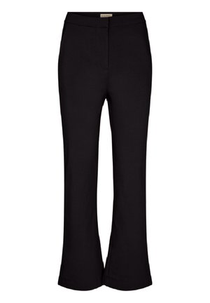 Zwarte flared broek gemaakt van zacht materiaal, met een middelhoge tailleband en een gladde textuur met minimale stikseldetails.