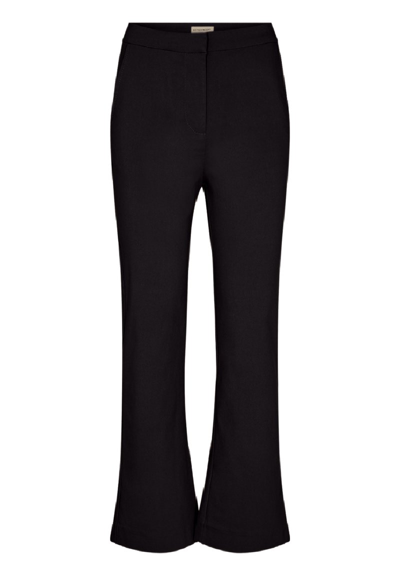 Mustat levenevät housut pehmeästä kankaasta, joissa on keskikorkea vyötärö ja sileä pinta, jossa on minimaalinen ompelu yksityiskohtia.