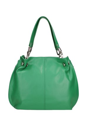 Sac à main en cuir vert avec une texture lisse, une forme arrondie, deux poignées supérieures et des accents en métal. Présente un détail de couture sur la jointure.