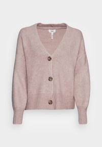 Světle růžový pletený kardigan s výstřihem do V, třemi velkými dřevěnými knoflíky a širokými rukávy. Texturovaná látka s uvolněným střihem.