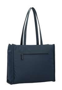 Sac fourre-tout bleu marine, fabriqué en tissu durable, avec deux longues poignées, une poche avant zippée et une forme lisse et structurée.
