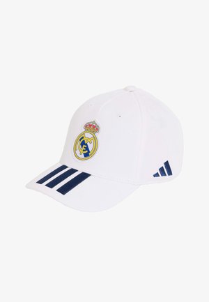 Hvid sportscap med Real Madrid-emblem foran i midten, navyblå tre striber på skyggen og navy Adidas-logo på siden.
