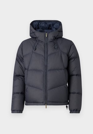 Dark gray puffer jacket with a hood, zip closure, and drawstring accents. Features a quilted design with visible stitching and a smooth texture.
