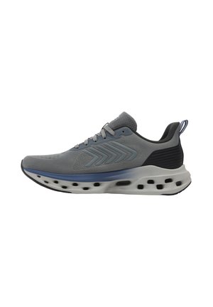 Grauer Sportschuh mit einem Mesh-Obermaterial, versehen mit blauen Akzenten, strukturiertem Muster und einer dick gepolsterten Sohle mit kreisförmigen Ausschnitten.