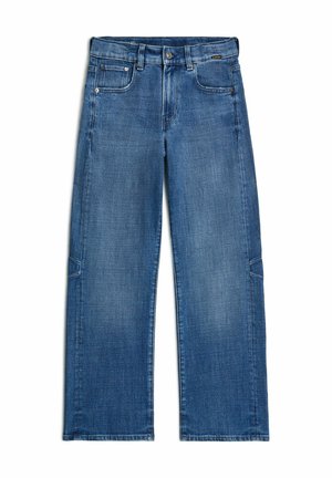 Blauwe jeans met wijde pijpen, voor- en achterzakken, riemlussen en een knoop- en ritssluiting.
