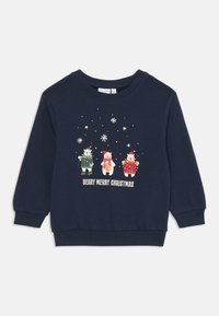 Granatowy bawełniany sweter z trzema kreskówkowymi bałwankami, płatkami śniegu oraz napisem "BEARY MERRY CHRISTMAS" w białym kolorze. Żebrowane mankiety i dół.