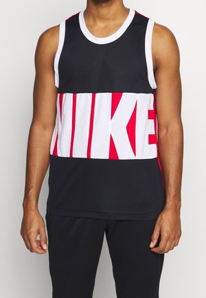 Male model wearing sleeveless black athletic top with bold red and white horizontal stripes and large Nike logo across the chest.