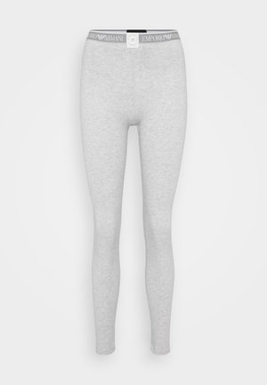 Gray leggings made of soft fabric, featuring a logo waistband in dark gray with white branding, form-fitting design.