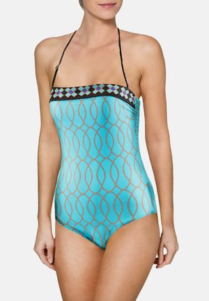 Aqua-blaues Einteiler-Schwimmbad mit einem Strukturmuster, verstellbaren schwarzen Trägern und einem figurbetonten Design für eine glatte Silhouette.