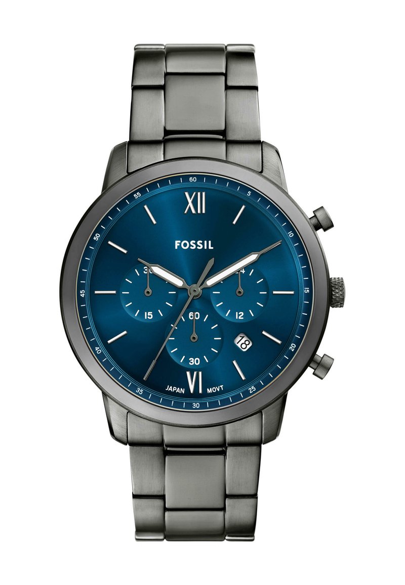 Men's fossil watch featuring a blue dial, silver hour markers, three sub-dials, date function, and a stainless steel bracelet.