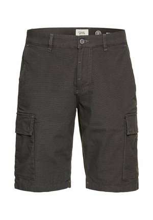 Donkergrijze cargoshorts met een gestructureerde stof, meerdere zijzakken en een knoopsluiting in de taille. Casual ontwerp geschikt voor dagelijks gebruik.