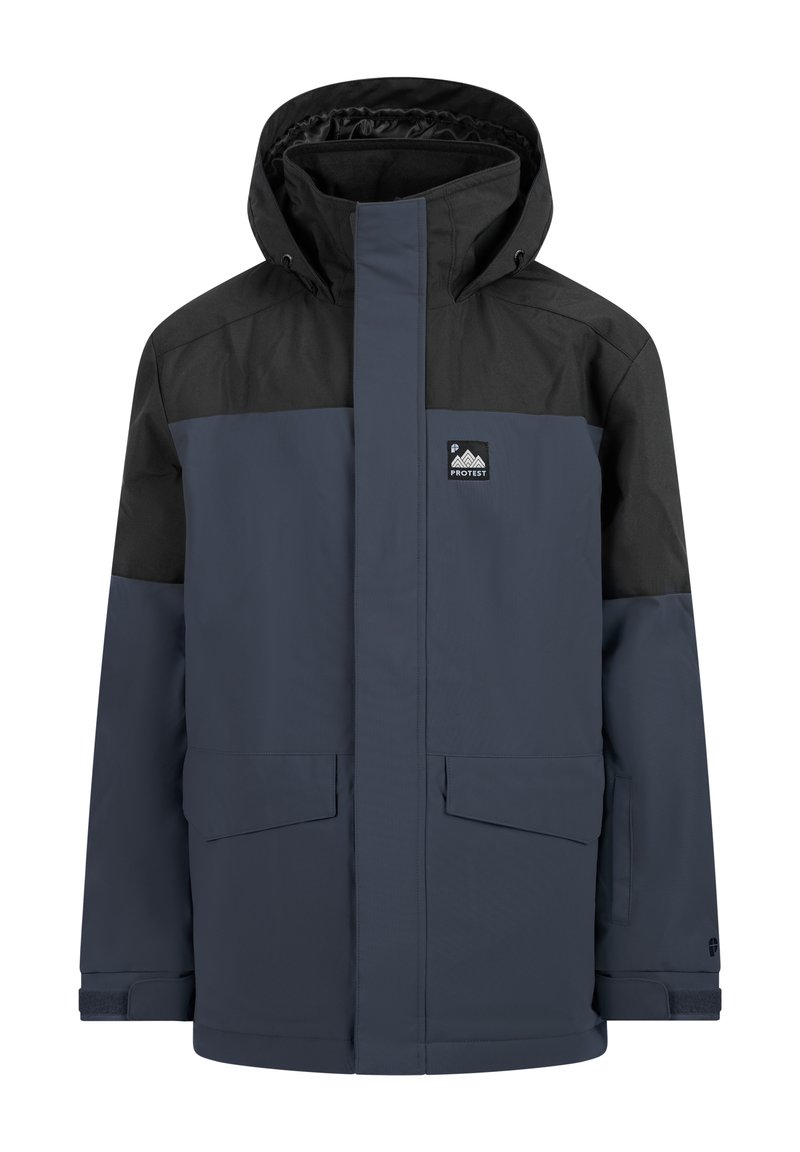 Blauer und schwarzer wasserdichter Jacke mit Kapuze, Reißverschluss, zwei Fronttaschen und verstellbaren Bündchen. Mit Logo auf der Brust.