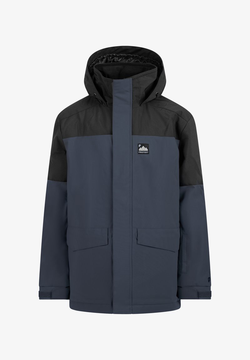 Blauer und schwarzer wasserdichter Jacke mit Kapuze, Reißverschluss, zwei Fronttaschen und verstellbaren Bündchen. Mit Logo auf der Brust.