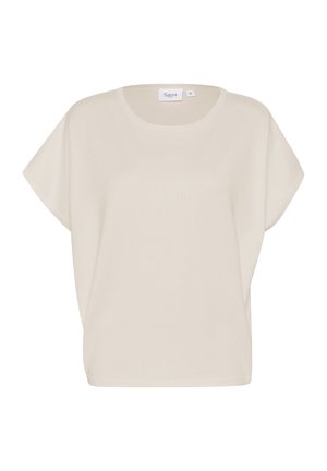 Šviesiai smėlio spalvos trumpomis rankovėmis marškinėliai su apvaliu iškirpimu, laisvai krentančiu siluetu ir lygiu paviršiumi. Matomas etiketė su prekės ženklu "Saint." Dydis vidutinis.