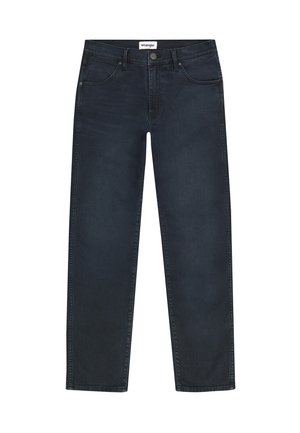 Jean en denim bleu foncé avec une coupe droite, dotés d'une fermeture à bouton, de passants de ceinture et de cinq poches, texture lisse.