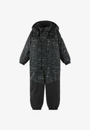 Czarowy wodoodporny kombinezon z teksturowanym wzorem białych pionowych linii, posiadający kaptur, elastyczne mankiety oraz zamek błyskawiczny z przodu.