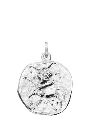 Round silver pendant featuring a detailed engraving of a centaur with stars, textured surface, and a small loop for attachment.