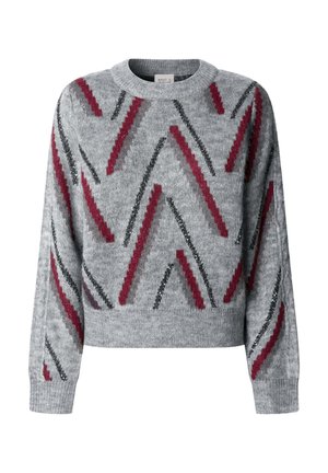Maglione grigio con scollo rotondo e maniche lunghe, decorato con un motivo a zigzag in bordeaux e nero, realizzato in morbido materiale lavorato a maglia.