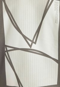 Grafisk stof med et tekstureret hvidt gitter, der har overlappende vinklet mørkegrå linjer og abstrakte former. Subtil trykt tekst er til stede.
