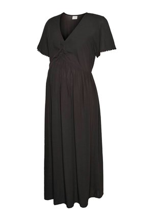 Czarna sukienka midi z dekoltem w serek, krótkimi falującymi rękawami z koronkowym obszyciem, marszczonym biustem i marszczoną talią dla zwiewnej spódnicy.