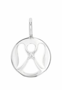 Ciondolo in argento con design di un angelo, di forma rotonda e con un accento di pietra preziosa trasparente al centro. Finitura in metallo lucido.