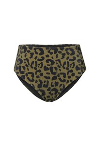 Bas de bikini taille haute en vert olive avec un motif léopard noir, doté d'un tissu lisse et d'un contraste de bord noir.