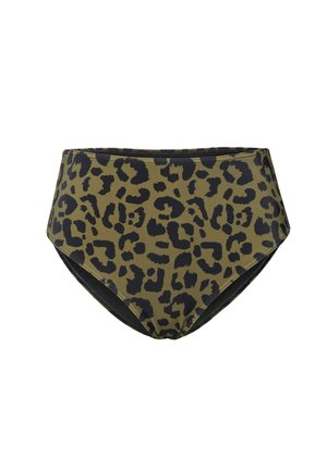 Hochtaillierte Bikinihose in olivgrün mit schwarzem Leopardenmuster, aus glattem Stoff mit kontrastierenden schwarzen Säumen.