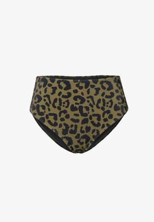 High-waisted bikini bottom in olive green with a black leopard print pattern, featuring smooth fabric and contrasting black trim.
