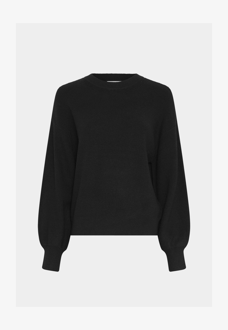 Pull en maille noir avec de longues manches ballon, des poignets et un bas côtelés, et un col rond sur un fond clair uni.