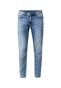 Jeans de mezclilla azul claro, con un ajuste Slim, cinco bolsillos, trabillas para cinturón y cierre de botón. La tela tiene una textura desgastada con un leve desvanecimiento.