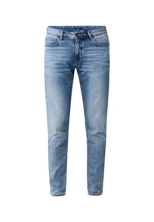 Helle blaue Jeans im Slim-Fit-Schnitt, mit fünf Taschen, Gürtelschlaufen und einer Knopfverschluss. Der Stoff hat eine abgedragte Textur mit dezenten Ausbleichungen.