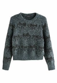 Šedý pletený svetr s měkkou, strukturovanou tkaninou a vzorem černých mašlí a rozptýlených flitrů. Kulatý výstřih a dlouhé rukávy.