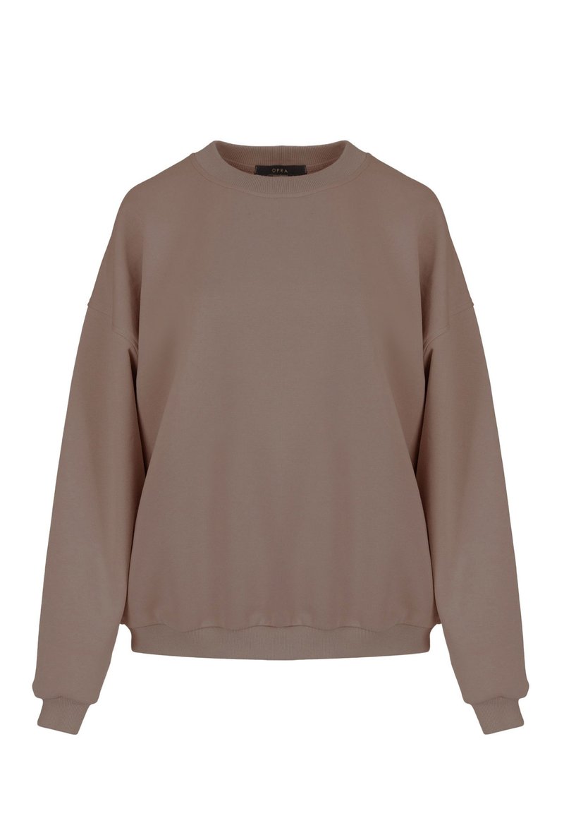 Brązowy, oversize'owy sweatshirt z okrągłym dekoltem, opadającymi ramionami i ściągaczami. Gładka tekstura, prosty design i brak widocznych wzorów.