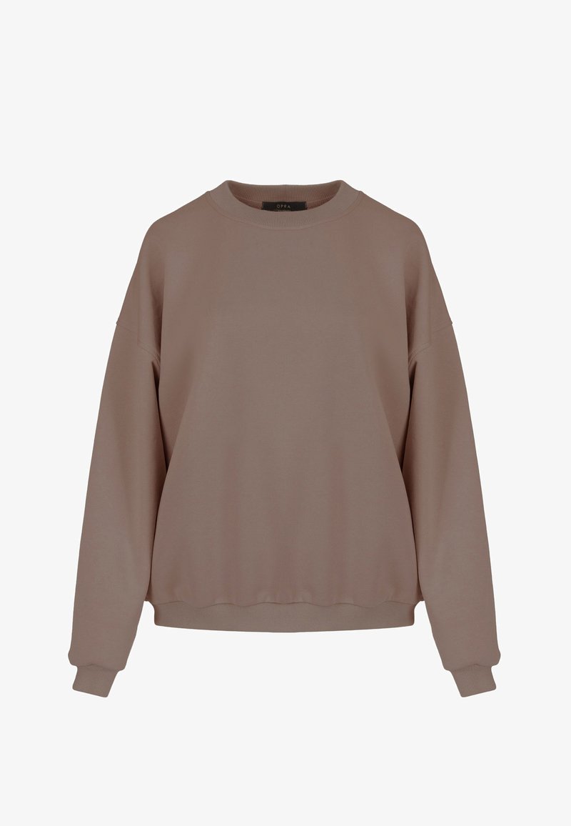 Brązowy, oversize'owy sweatshirt z okrągłym dekoltem, opadającymi ramionami i ściągaczami. Gładka tekstura, prosty design i brak widocznych wzorów.