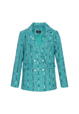 Turquoise double-breasted jacket with a textured weave, featuring a checkered pattern of blue and silver accents, notched lapels, and side pockets.
