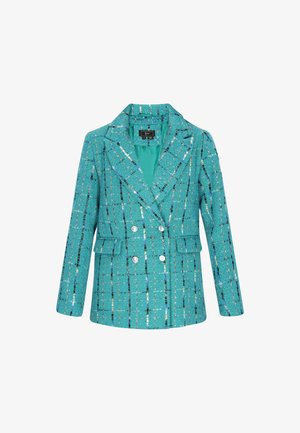 Turkis dobbeltradet jakke med en struktureret vævning, der har et ternet mønster med blå og sølv accenter, med klapkrave og sidelommer.