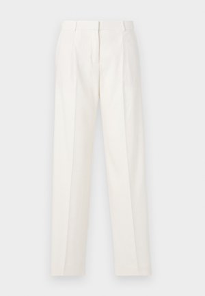 White trousers made of linen, featuring a straight cut, double pleats at the front, and a smooth texture. No visible pockets or hardware.