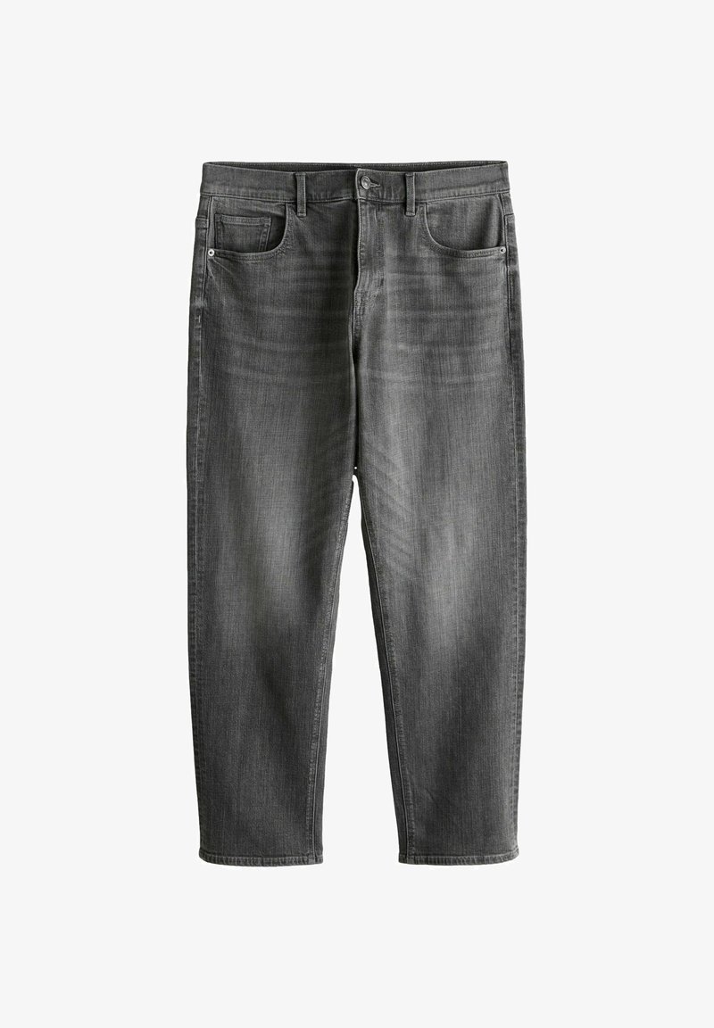 Jean droit pour homme en denim gris avec poches avant et arrière, passants pour ceinture et fermeture par bouton, présenté à plat sur un fond blanc.