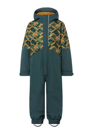 Tuta intera verde scuro con la parte superiore a motivi geometrici gialli e verdi. Presenta una zip frontale e polsini elasticizzati.