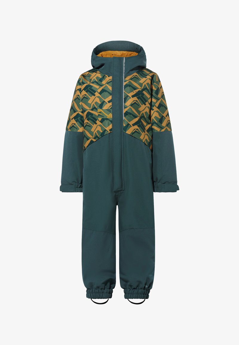 Viengabala kombinezons tumši zaļā krāsā ar dzeltenu un zaļu ģeometrisku rakstu augšējo daļu. Iespējas ietver rāvējslēdzēju priekšā un elastīgas aproces.