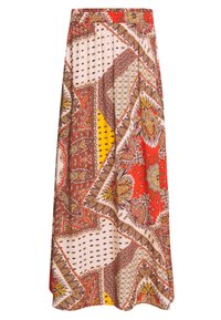 Jupe longue présentant un motif patchwork multicolore, principalement en rouge, jaune et crème, avec une taille élastique pour plus de confort.