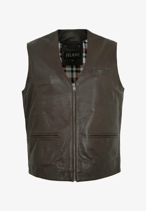 Dunkelbraune Lederweste mit vorderem Reißverschluss, zwei horizontalen Taschen und kariertem Innenfutter, Größe 50 von Jilani.