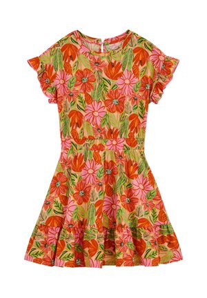 Vestito a maniche corte per ragazze con vita elasticizzata, orlo arricciato e motivo floreale arancione e rosa con foglie verdi.